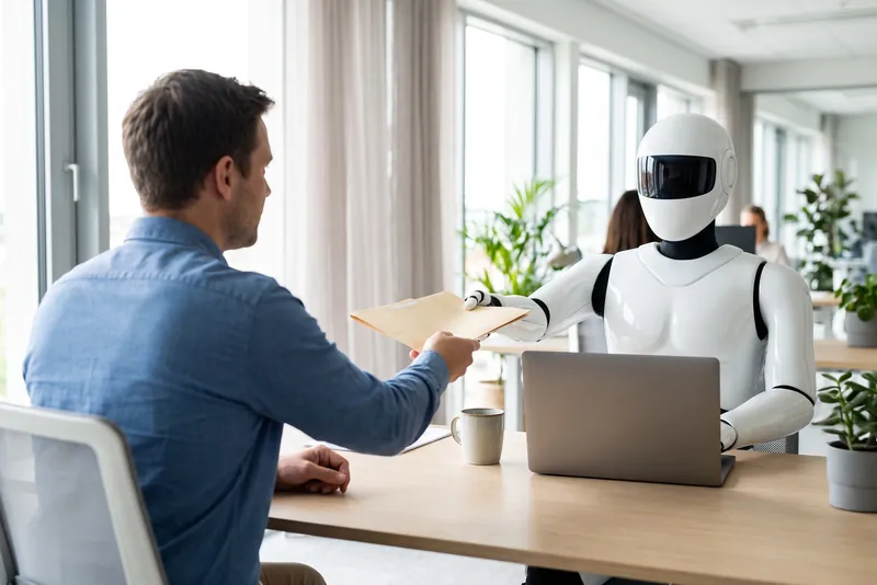 Een witte robot aan een bureau geeft een map met voorbereid werk aan een collega