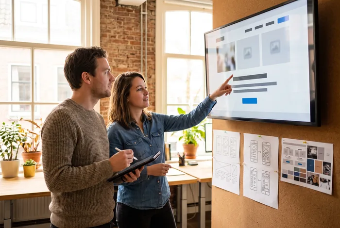 Ontwerper werkt aan een website op een groot scherm